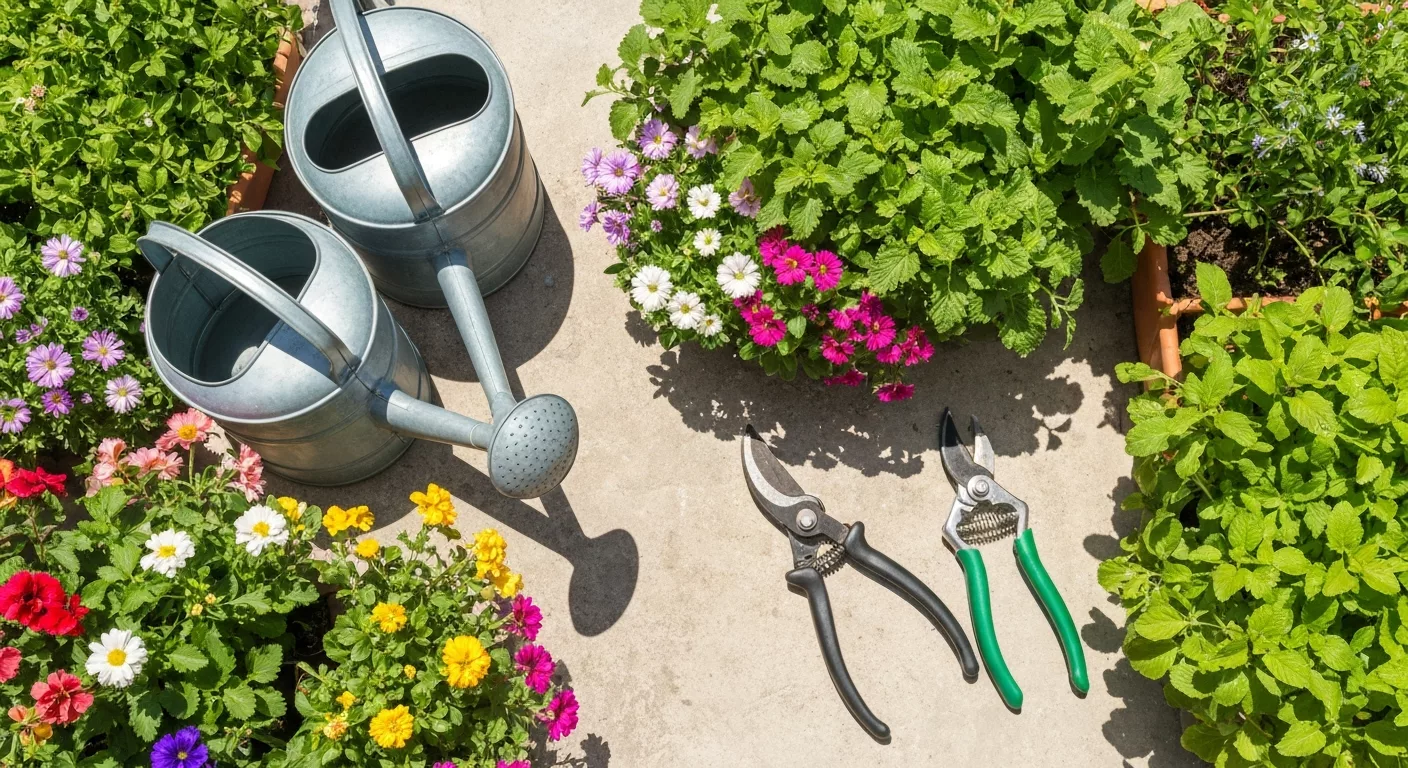 Tuinonderhoud met gereedschap en seizoensbloemen