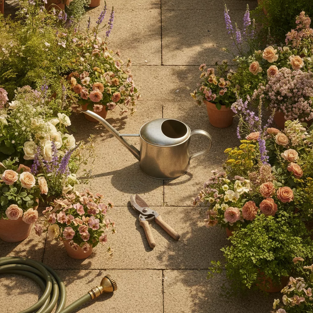 Tuinonderhoud met gereedschap en seizoensbloemen