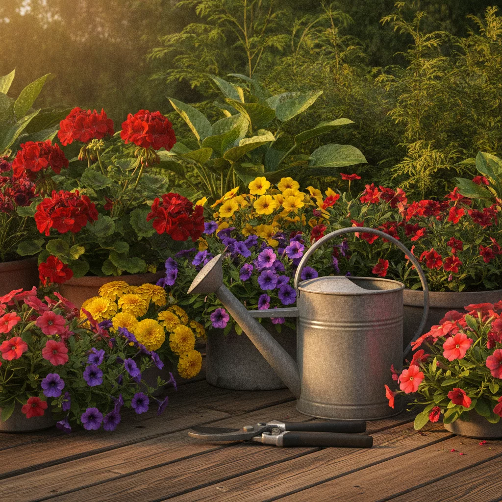 العناية بالحديقة مع أدوات وزهور موسمية