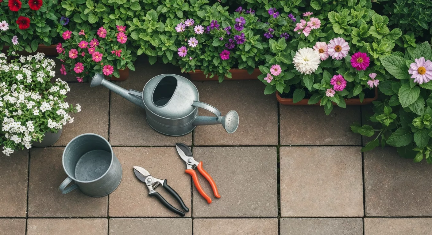 Tuinonderhoud met gereedschap en seizoensbloemen