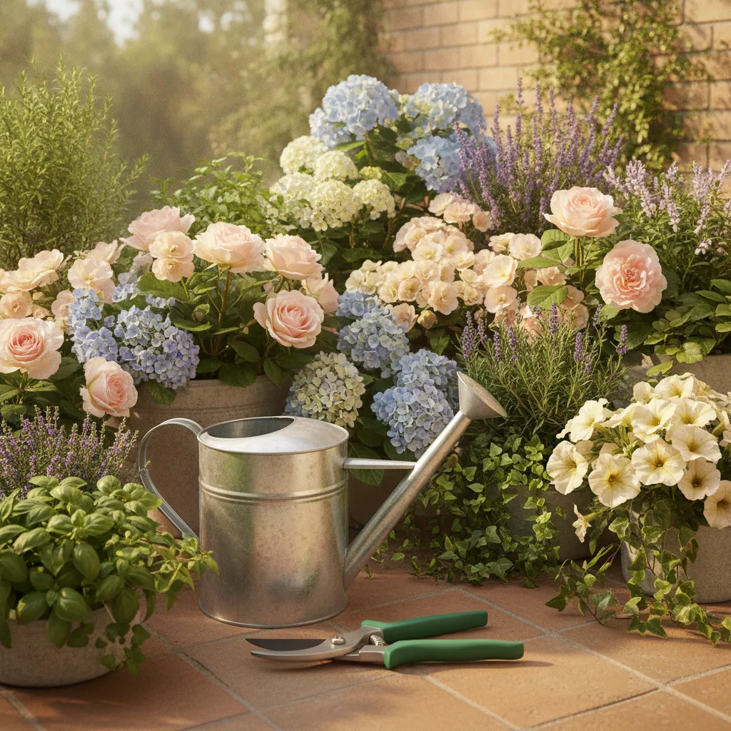 Entretien de jardin avec outils et fleurs de saison