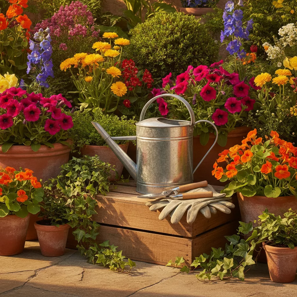Entretien de jardin avec outils et fleurs de saison