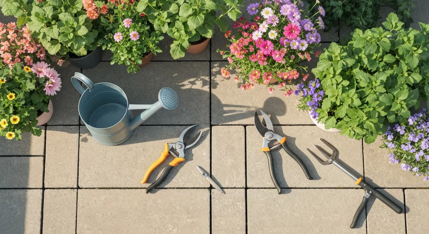 Gartenpflege mit Werkzeugen und saisonalen Blumen
