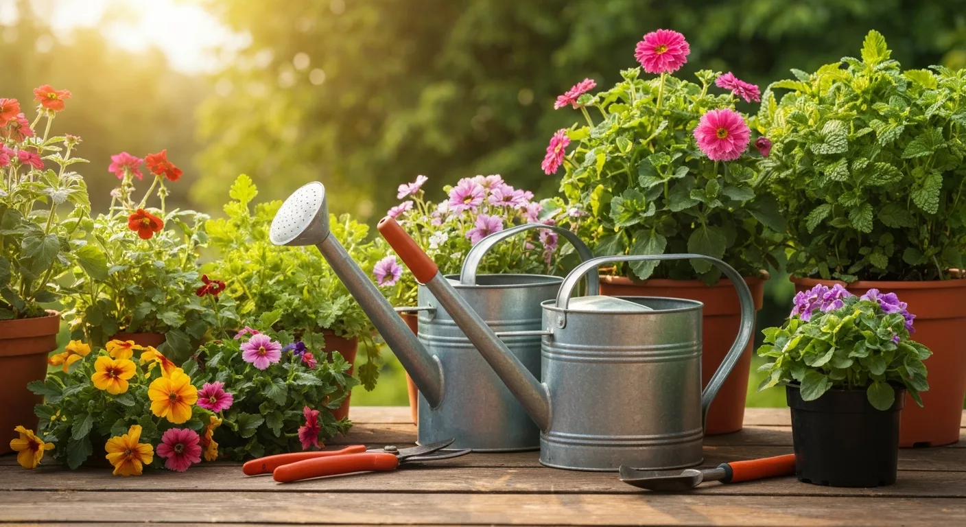 Entretien de jardin avec outils et fleurs de saison