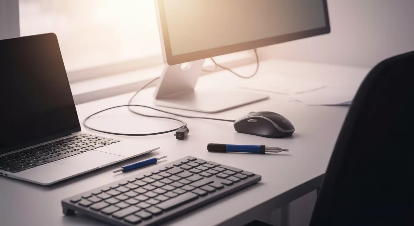 Computerhilfe mit Laptop und digitalen Werkzeugen