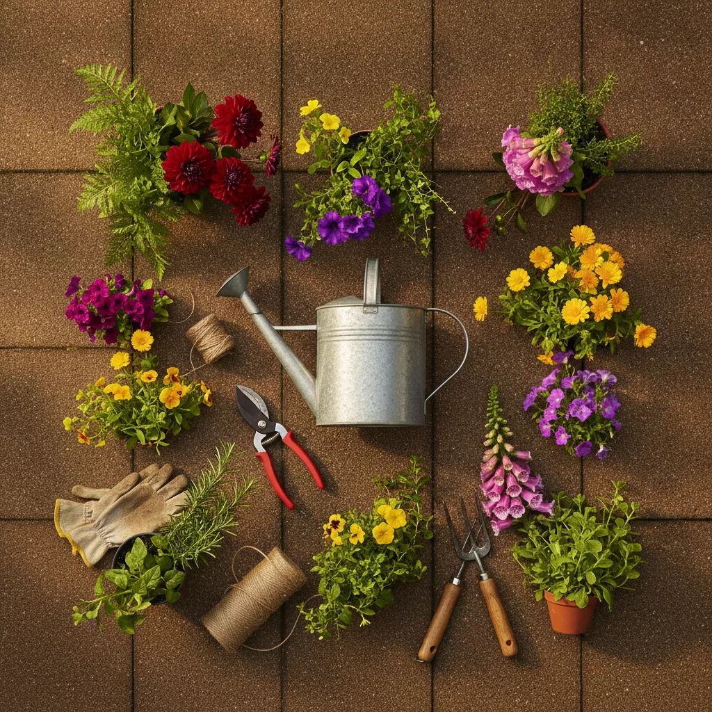 Tuinonderhoud met gereedschap en seizoensbloemen