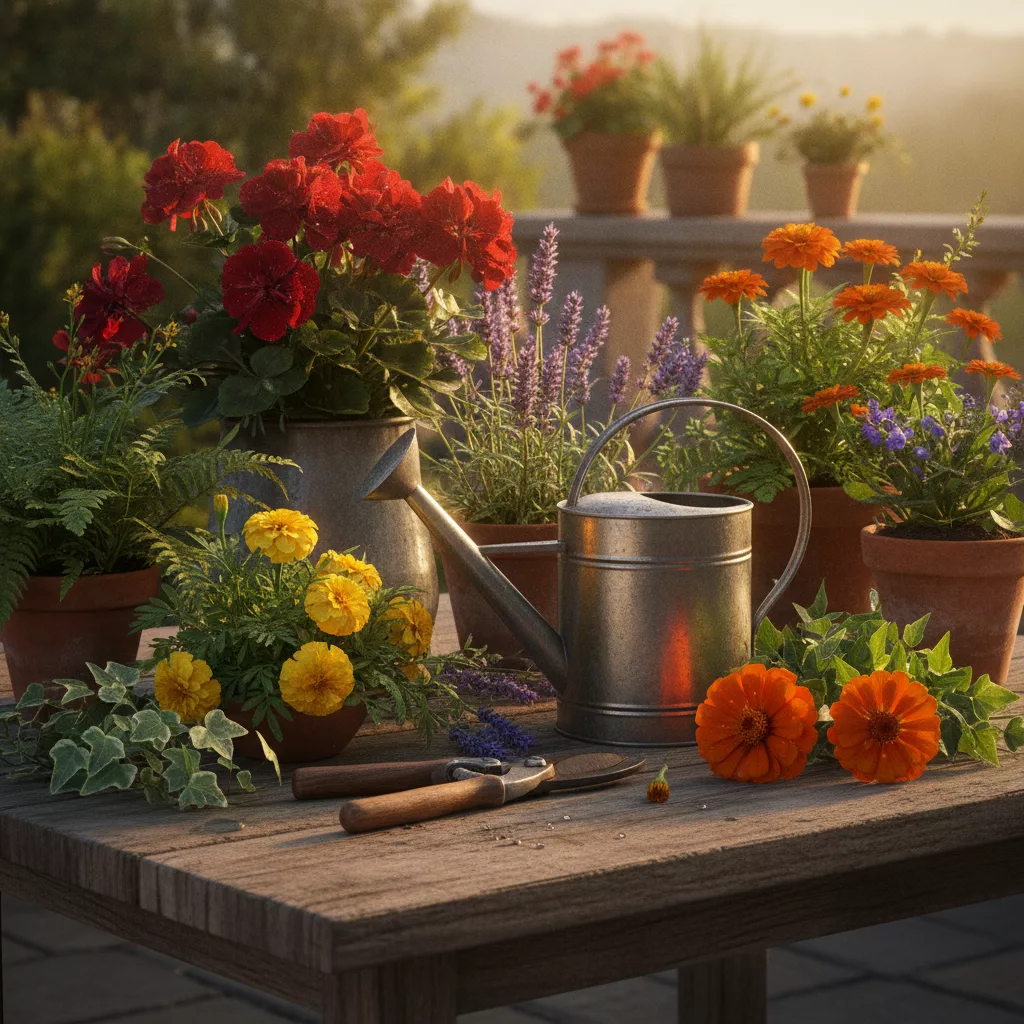 Entretien de jardin avec outils et fleurs de saison