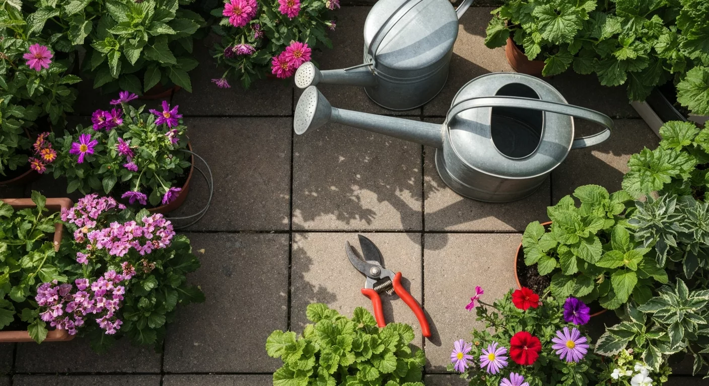 Entretien de jardin avec outils et fleurs de saison