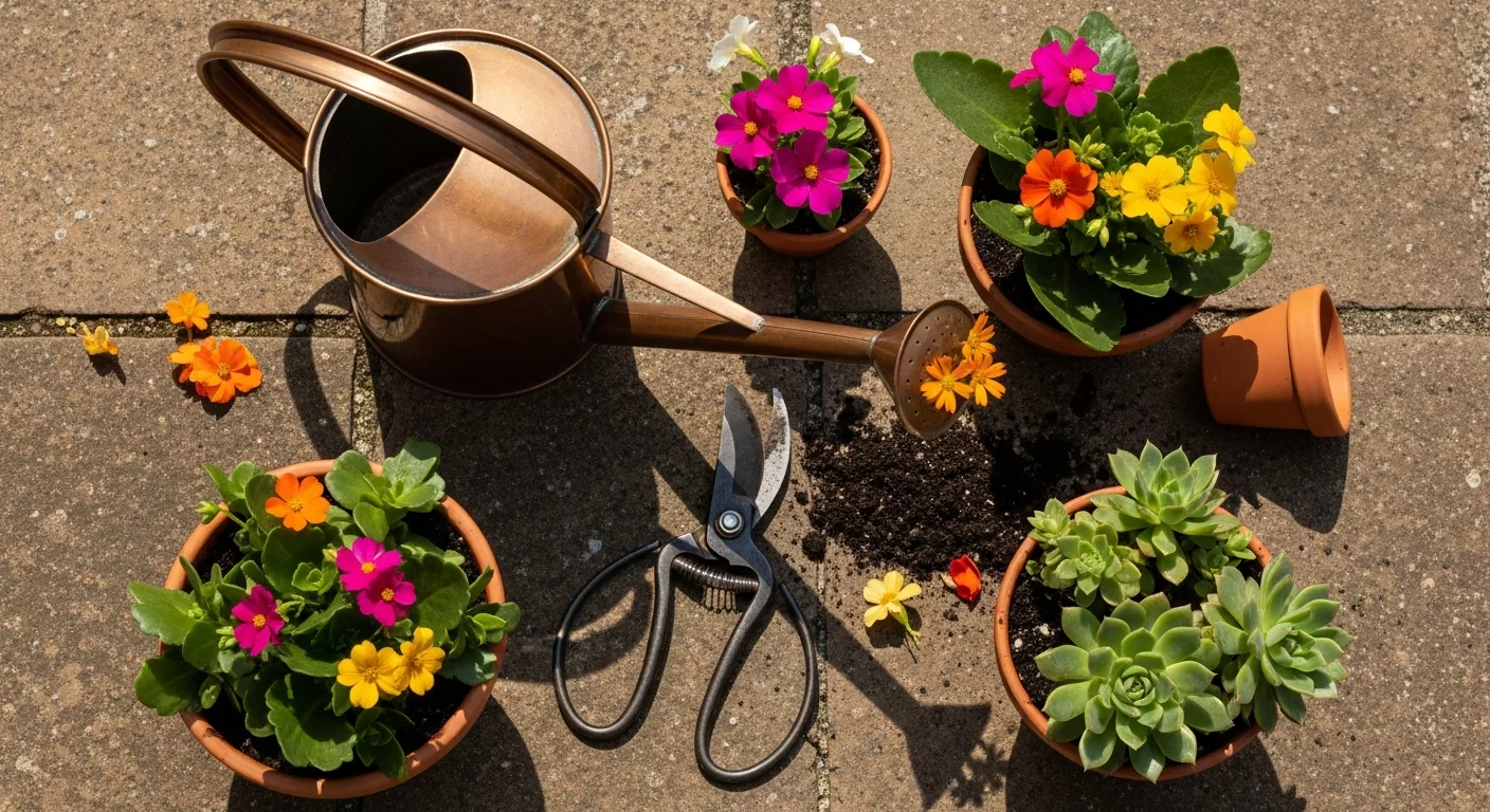 Entretien de jardin avec outils et fleurs de saison