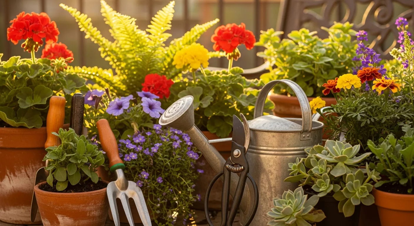 Entretien de jardin avec outils et fleurs de saison