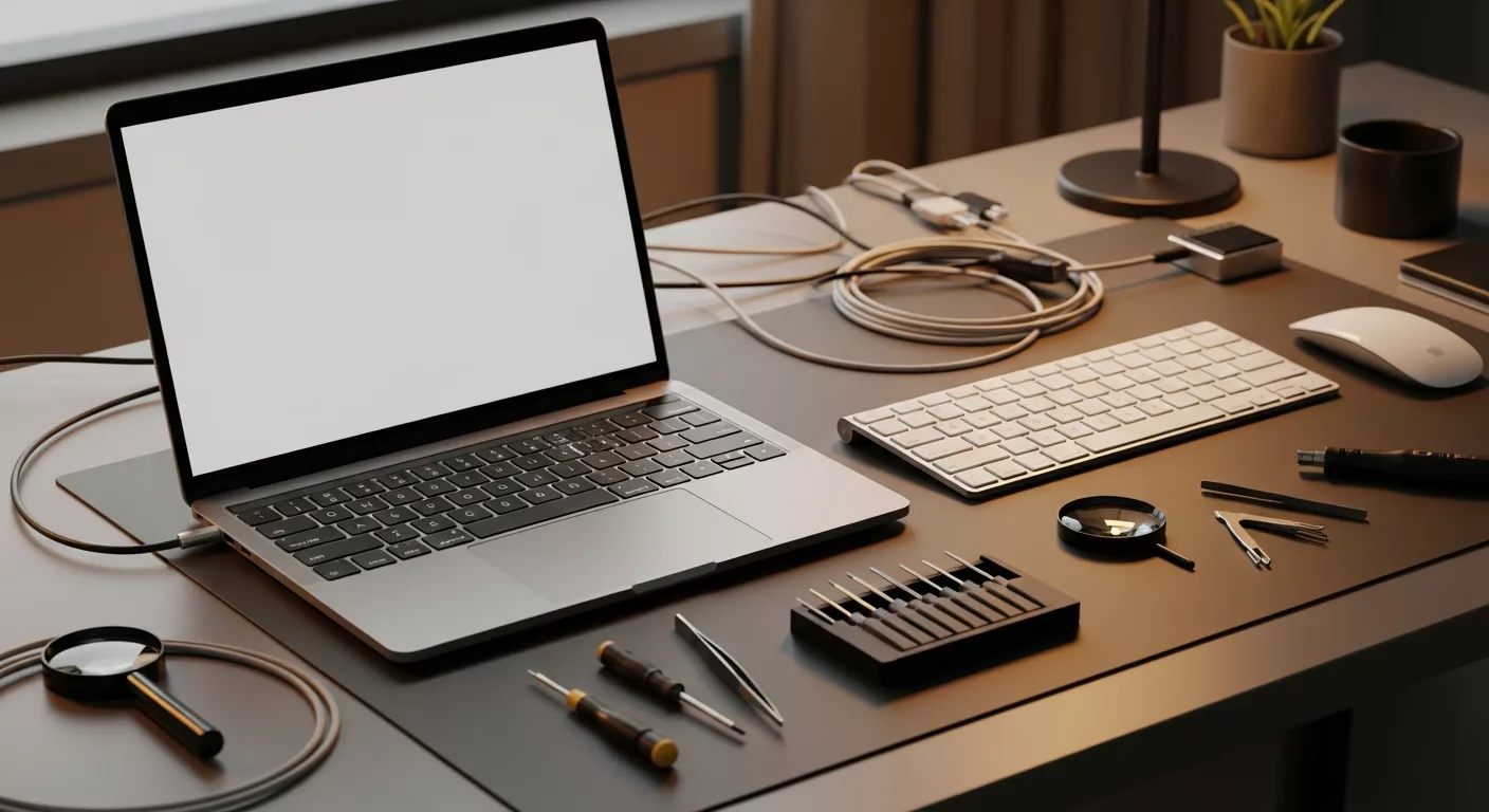 Computerhilfe mit Laptop und digitalen Werkzeugen
