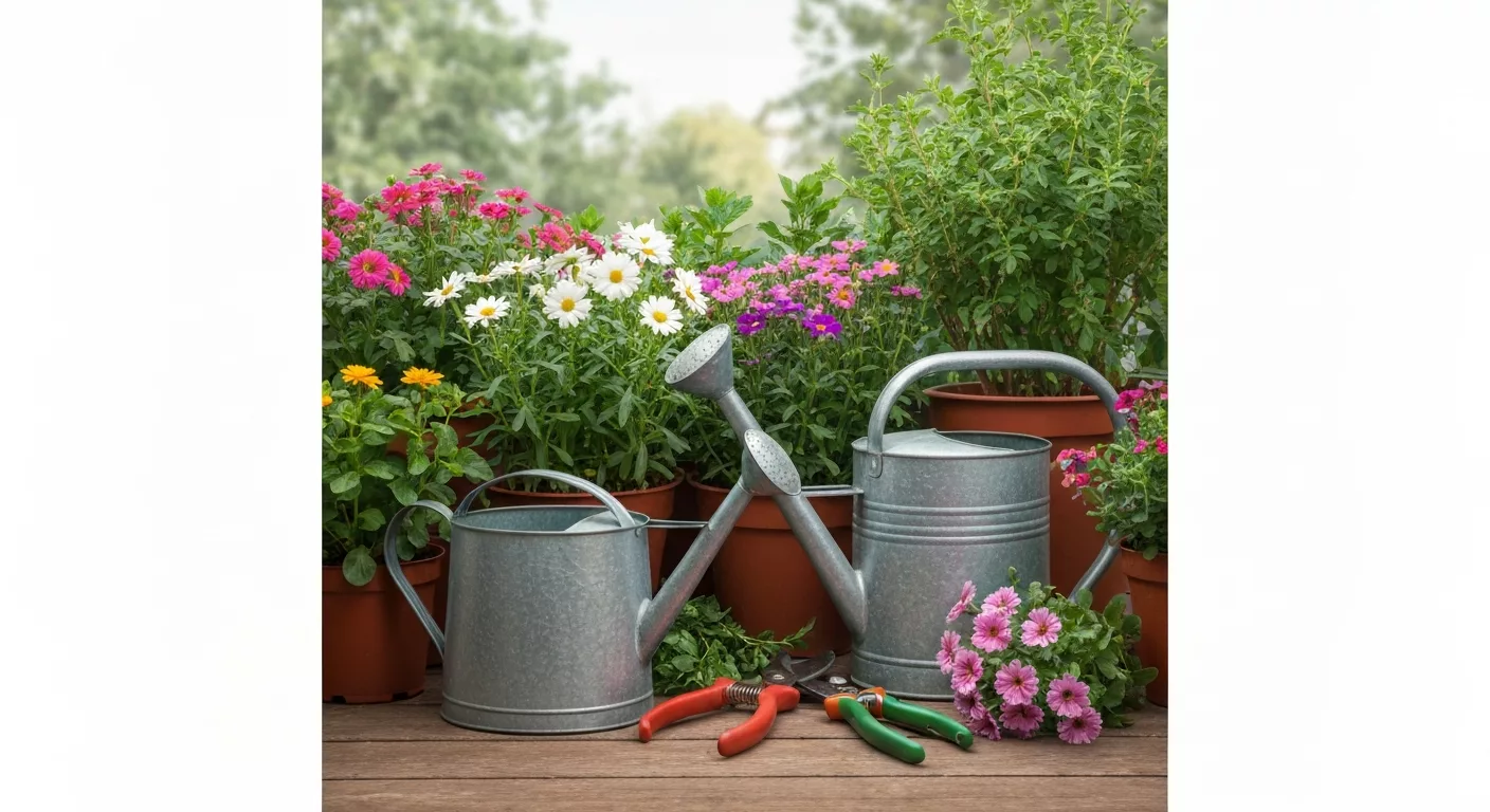 Entretien de jardin avec outils et fleurs de saison