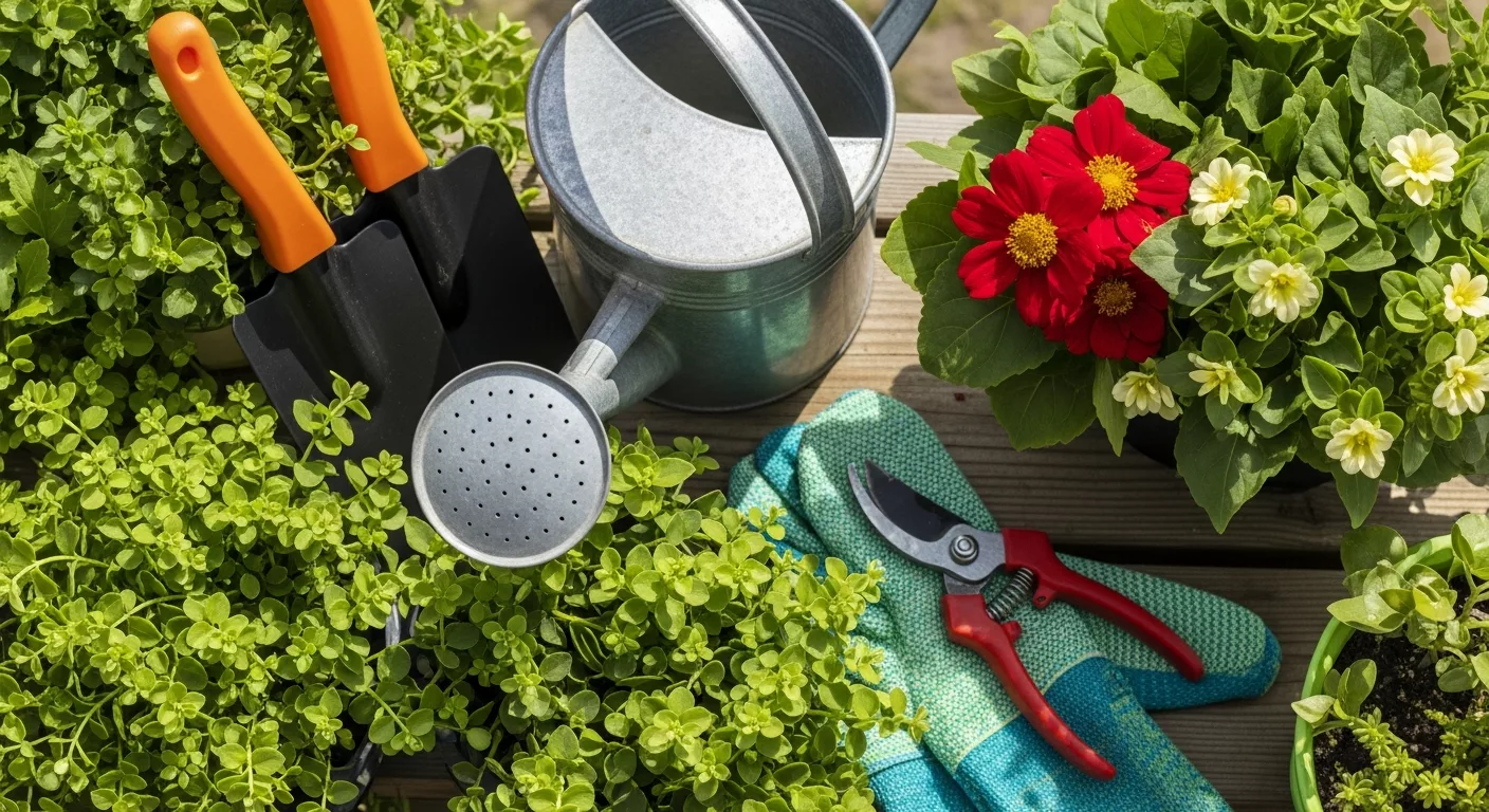Entretien de jardin avec outils et fleurs de saison