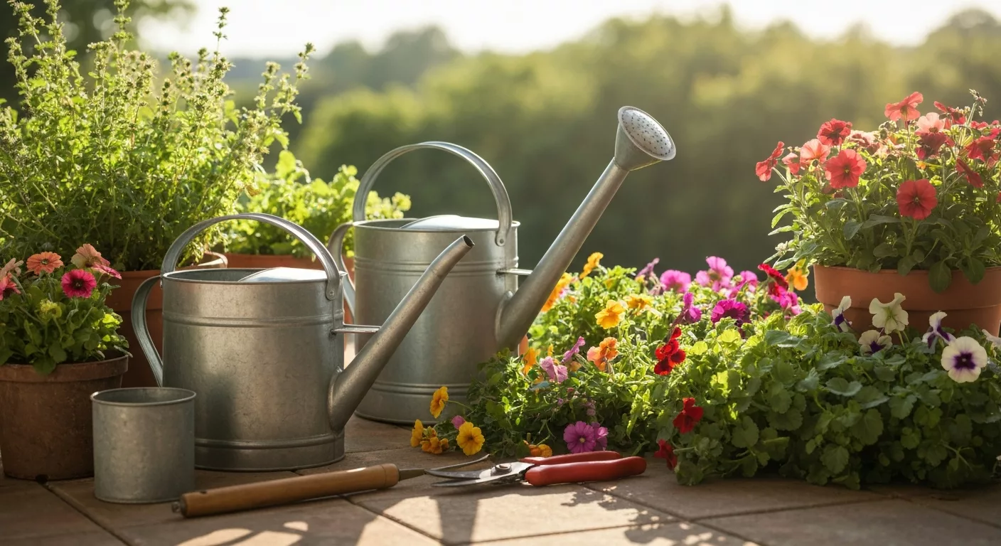 Entretien de jardin avec outils et fleurs de saison