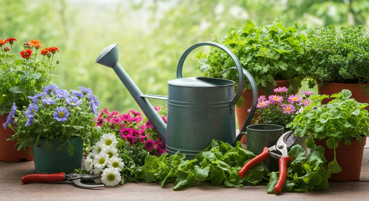 Entretien de jardin avec outils et fleurs de saison