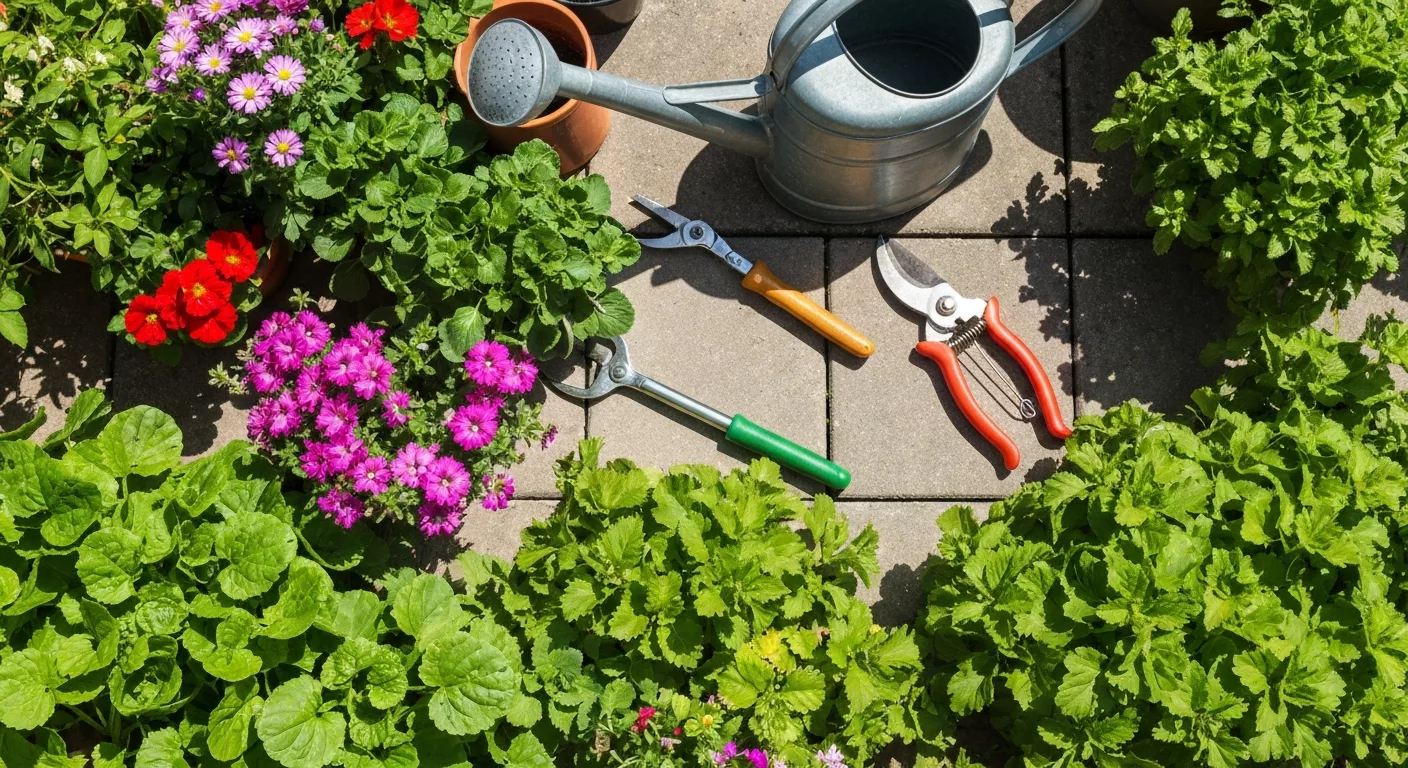 Entretien de jardin avec outils et fleurs de saison